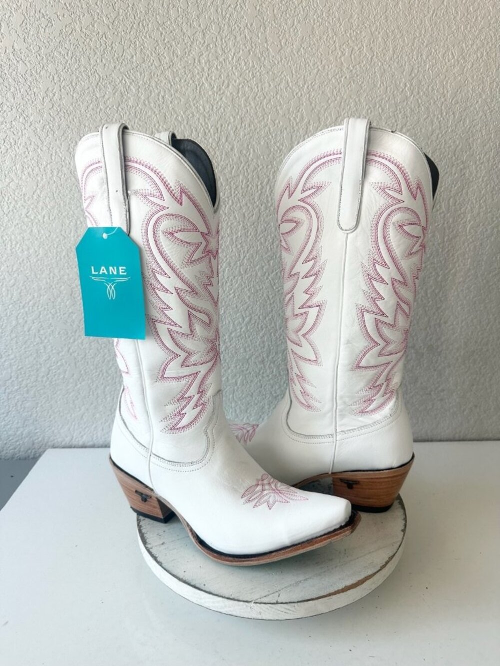 Lane SMOKESHOW Womens White Pink Cowboy Boots Tall Snip Toe Leather Size 11